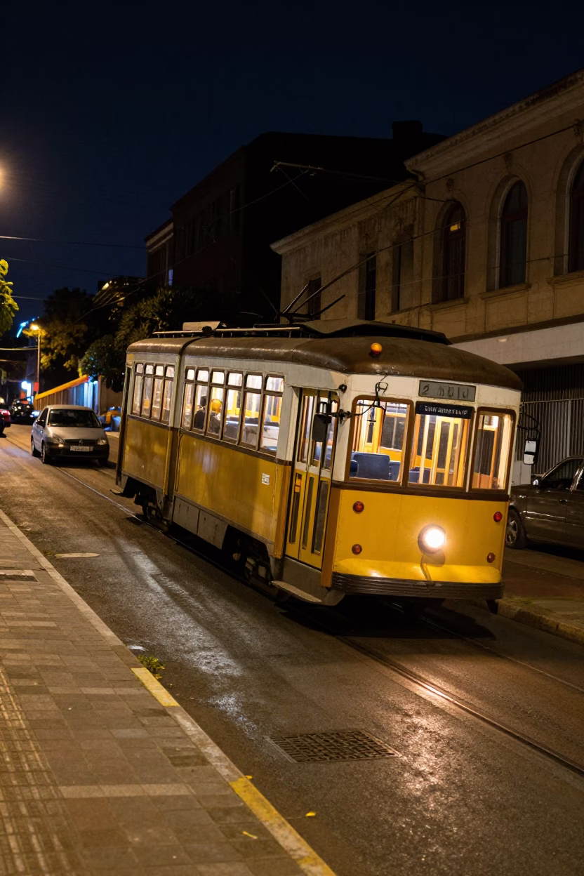 Johannesburg night street scene with tram on steep hill under deep sky in in Johannesburg, South Africa