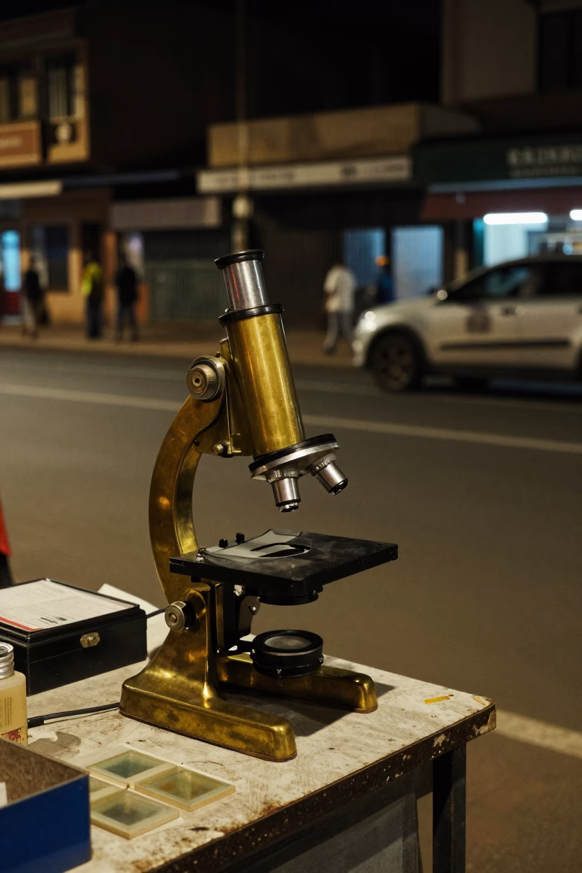 Johannesburg Night Street Scene with Vintage Brass Microscope and Lamp Base Smudges in in Johannesburg, South Africa