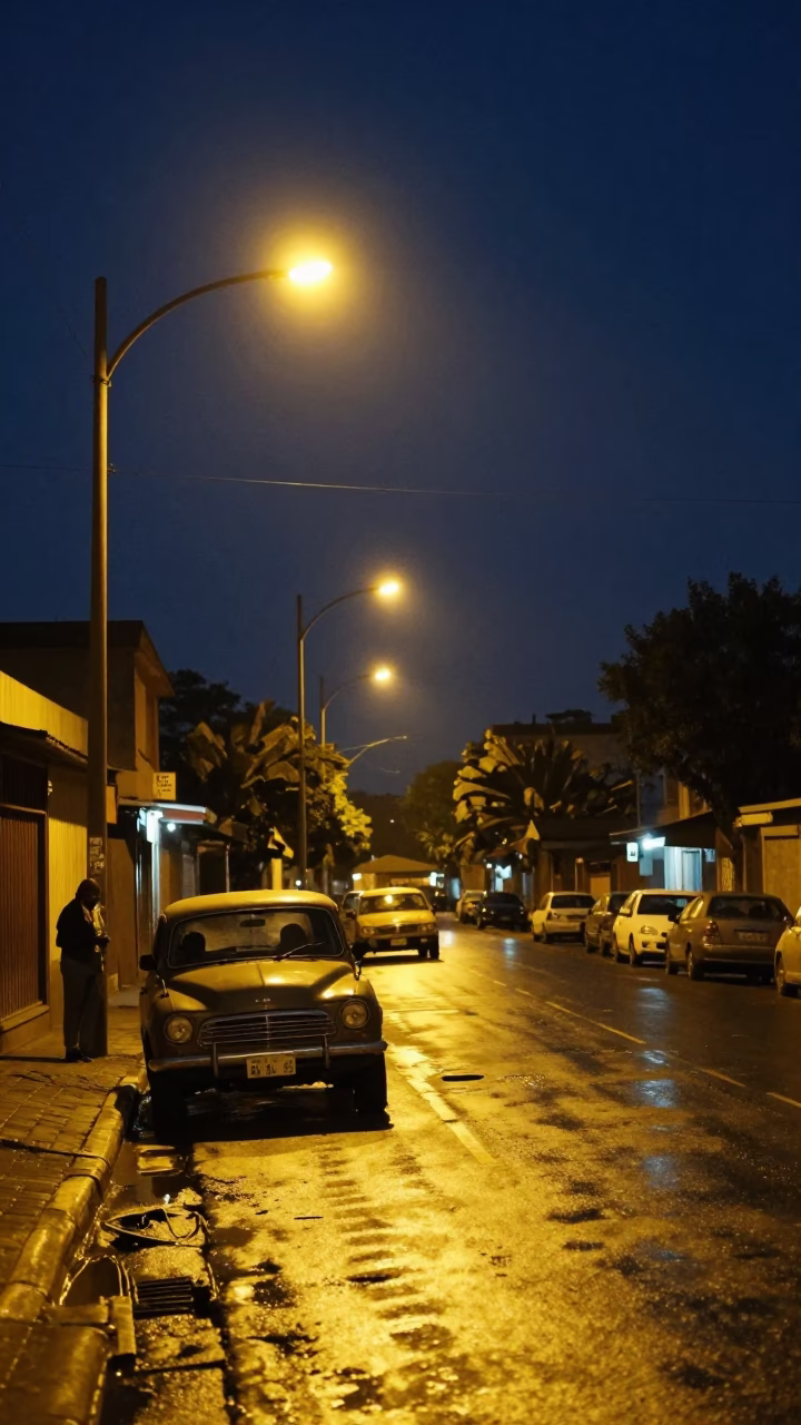 Johannesburg Night Street Scene with Vintage Car and Local Figures Under Deep Night Sky in in Johannesburg, South Africa