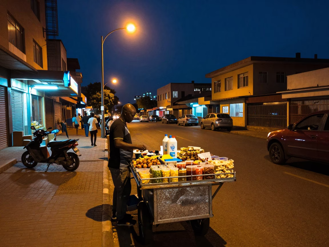 Johannesburg night street vendor selling snacks under mixed city lights in in Johannesburg, South Africa