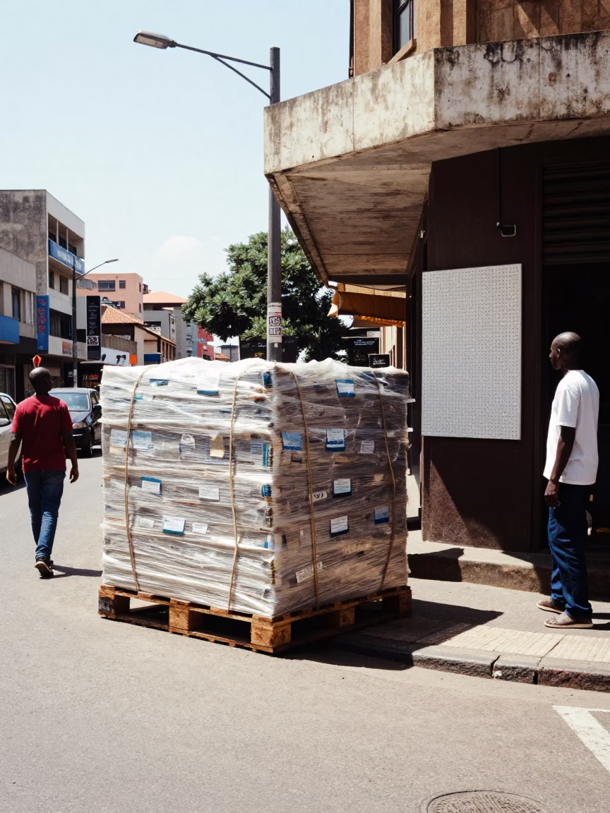 Johannesburg Noon Street Scene with Shrink-Wrapped Pallets and Pegboard Hook Detail in in Johannesburg, South Africa