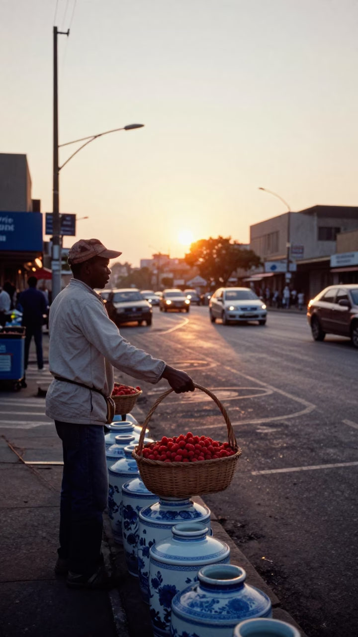 Johannesburg Porcelain Jars at As The Sun Drops Toward The Horizon in in Johannesburg, South Africa