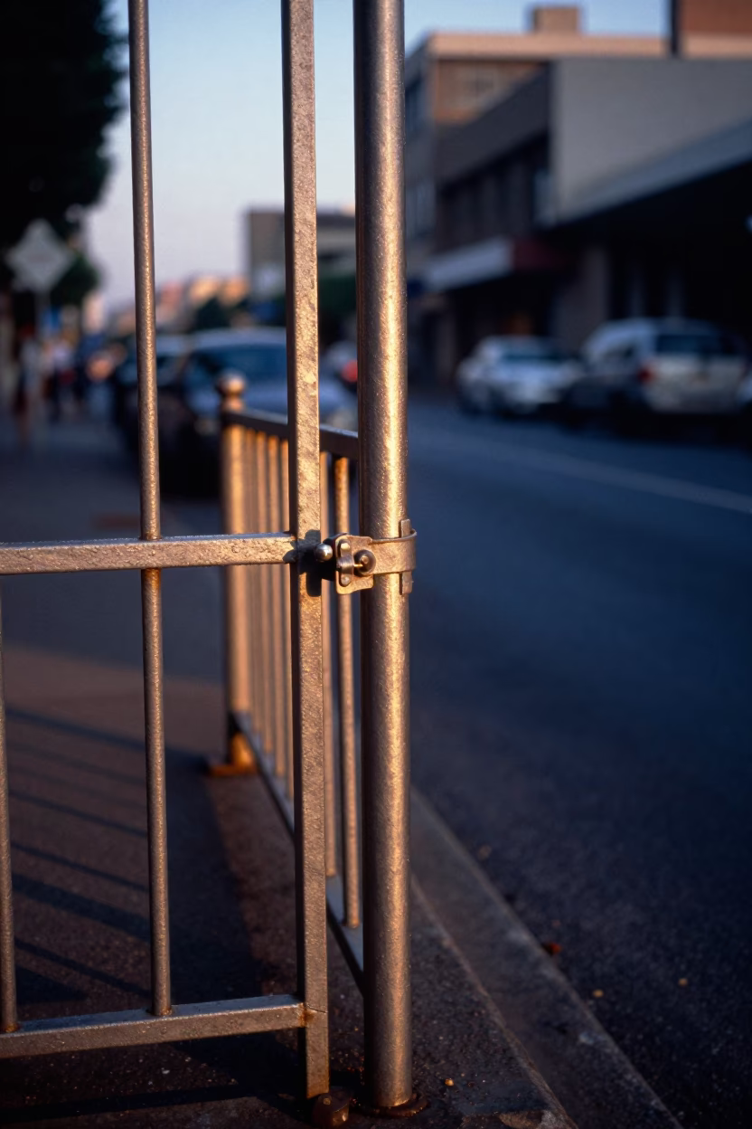 Johannesburg Pre-Dawn Street Scene With Brushed Steel Rail and Condensation On Latch in in Johannesburg, South Africa