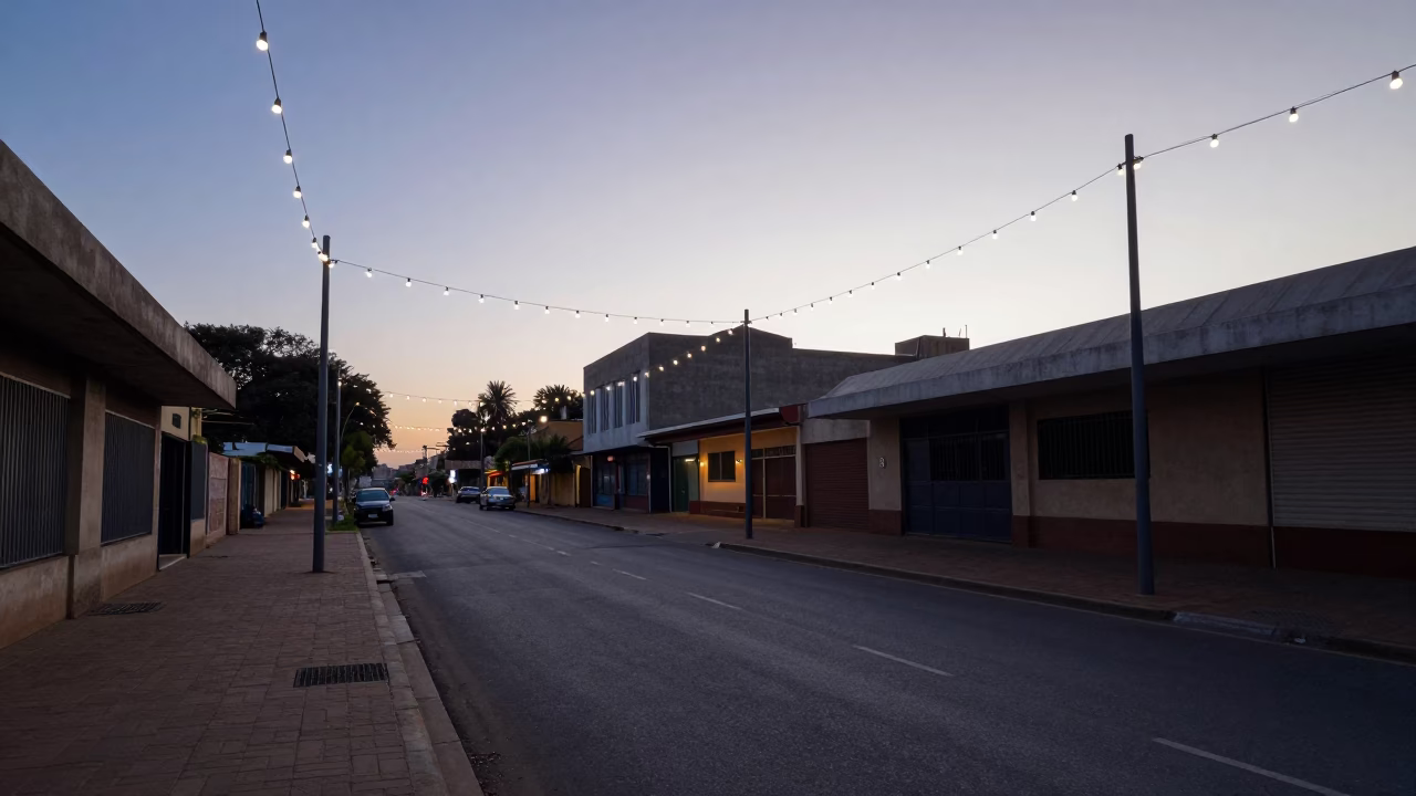 Johannesburg Pre-Dawn Street Scene with String Lights and Concrete Architecture in in Johannesburg, South Africa
