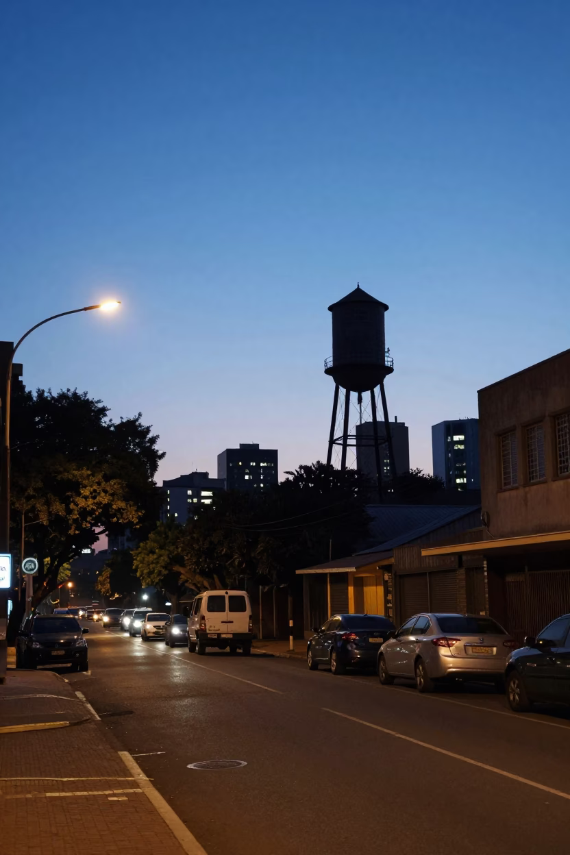 Johannesburg Pre-Dawn Street Scene with Water Tower and Urban Architecture in in Johannesburg, South Africa