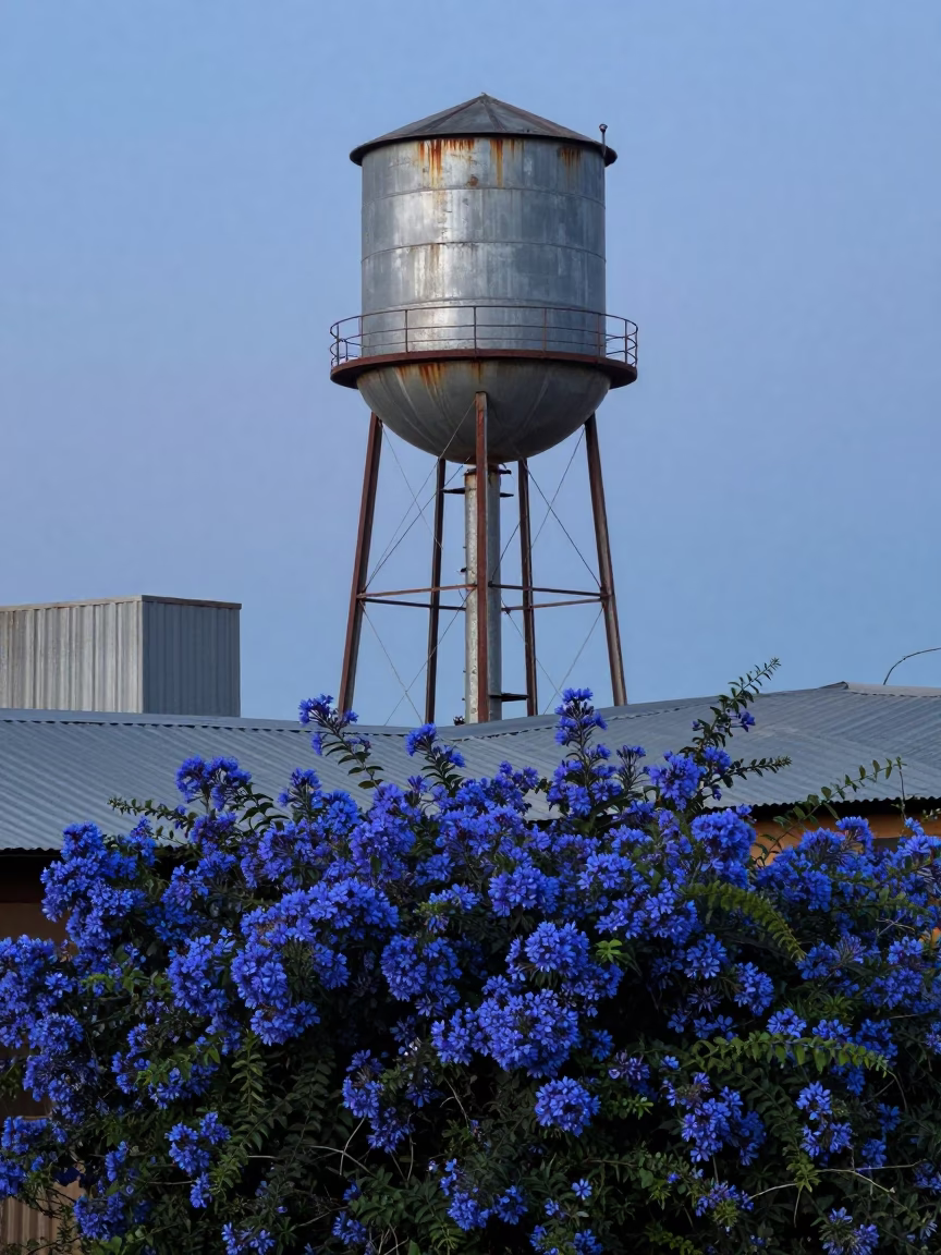 Johannesburg Rooftop Water Tower and Plumbago Hedge at Twilight Street Scene in in Johannesburg, South Africa