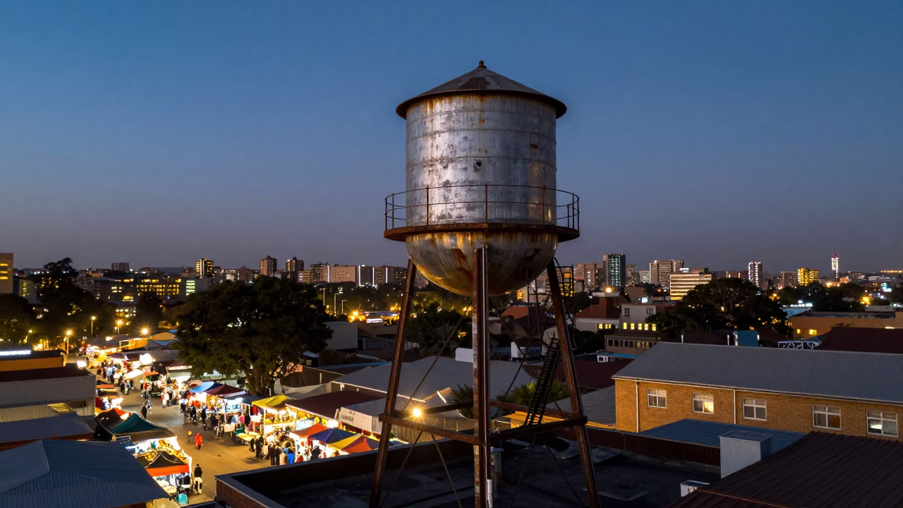 Johannesburg Rooftop Water Tower at Dusk with Street Market Activity Below in in Johannesburg, South Africa