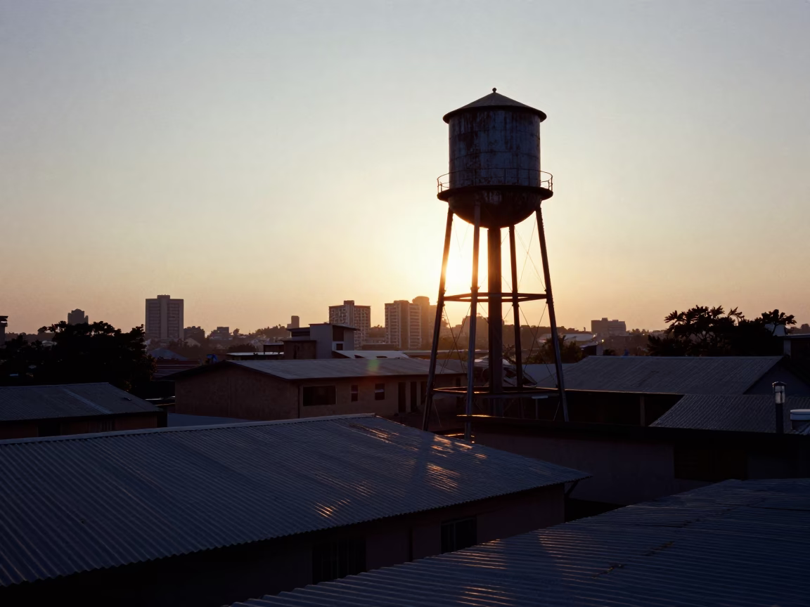Johannesburg Rooftop Water Tower Silhouetted Against Early Morning Sky in in Johannesburg, South Africa