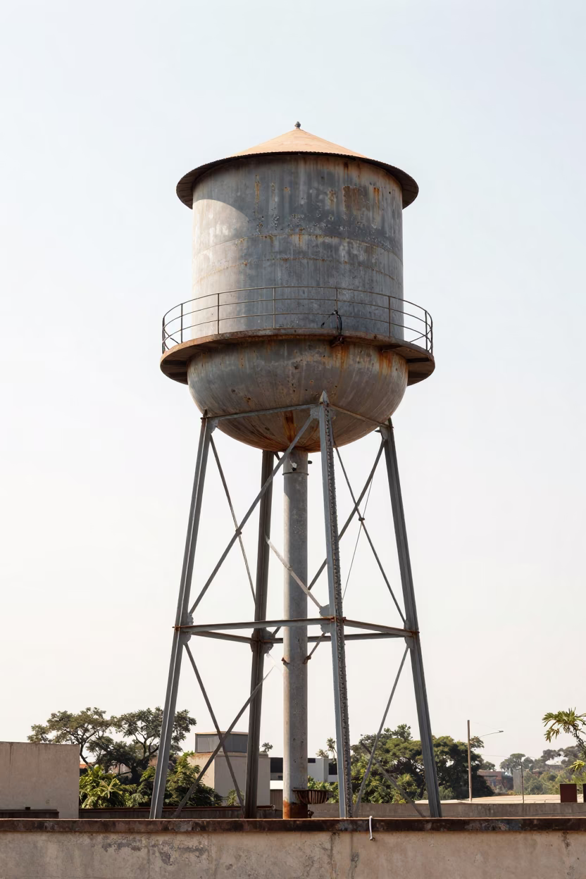 Johannesburg Rooftop Water Tower Under Flat Noon Glare with Ceramic Tile Detail in in Johannesburg, South Africa