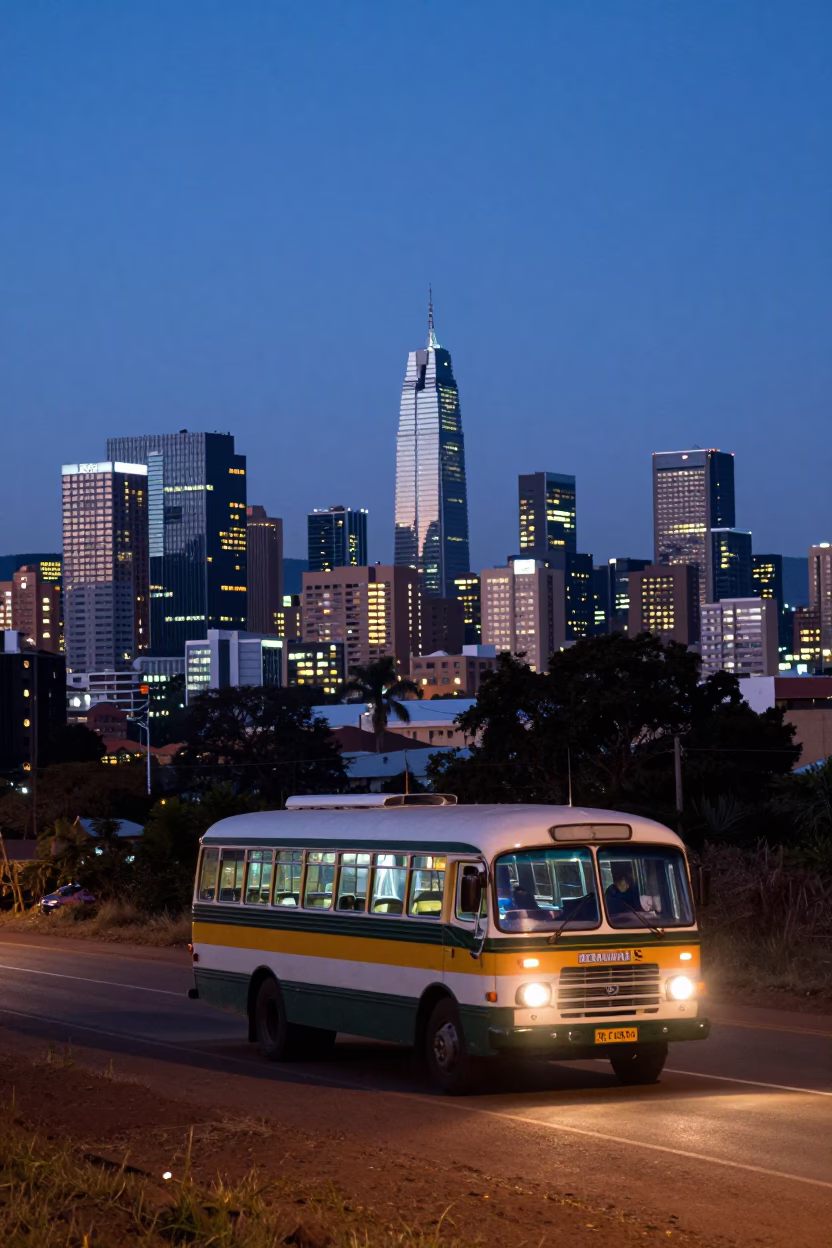 Johannesburg Skyline at Dusk with Old Bedford Bus on Dusty Highway in in Johannesburg, South Africa