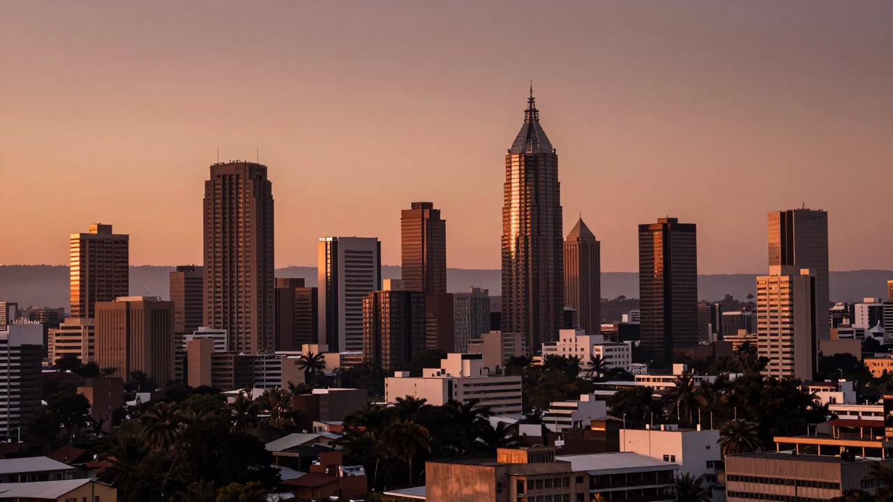 Johannesburg Skyline at Dusk with Vintage 1970s Architecture and Copper Toned Light in in Johannesburg, South Africa