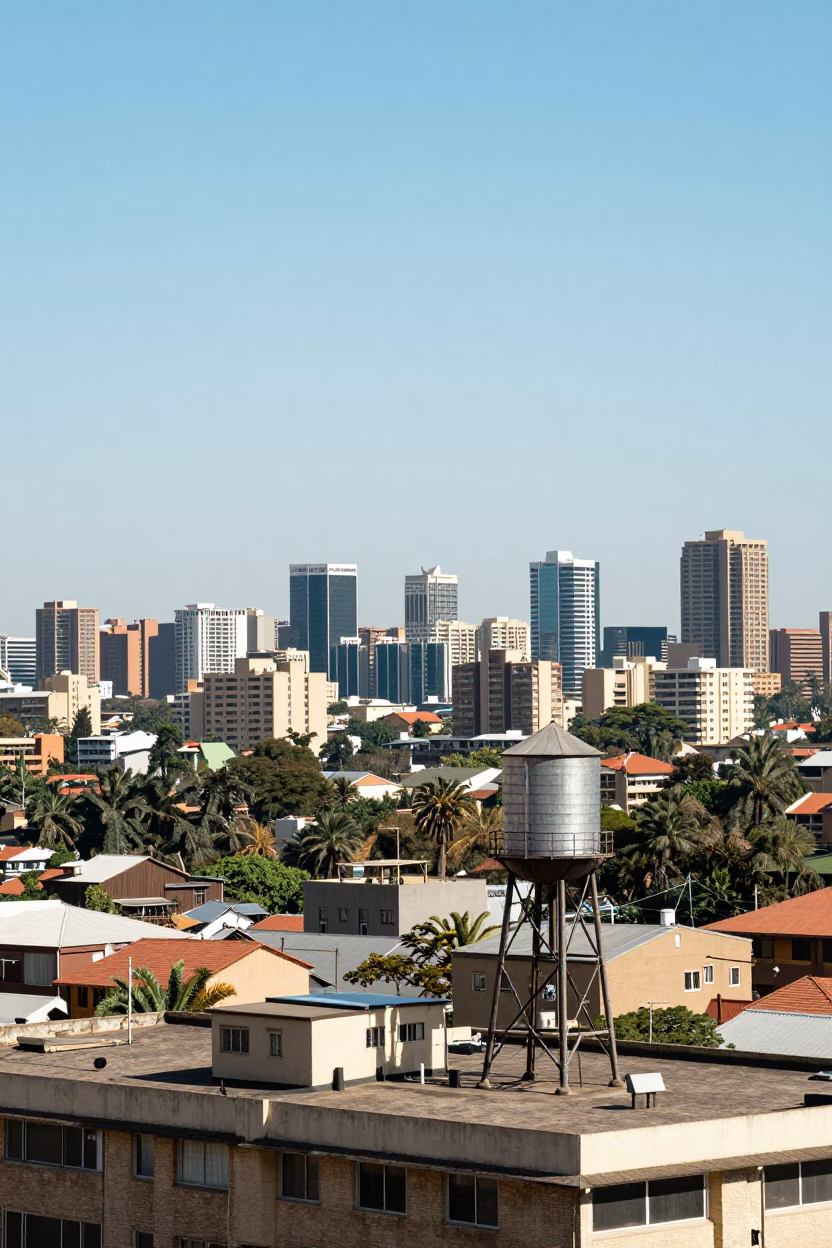 Johannesburg Skyline Horizon with Water Tower and Urban Rooftop Architecture in Bright Midmorning Light in in Johannesburg, South Africa