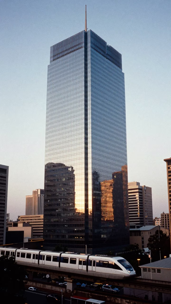 Johannesburg Skyline Monorail Reflection on Glass Skyscraper Late Morning in in Johannesburg, South Africa