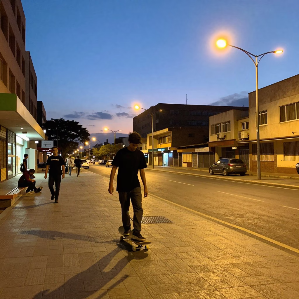 Johannesburg South Africa Blue Hour Street Scene with Skateboard and Urban Architecture in in Johannesburg, South Africa
