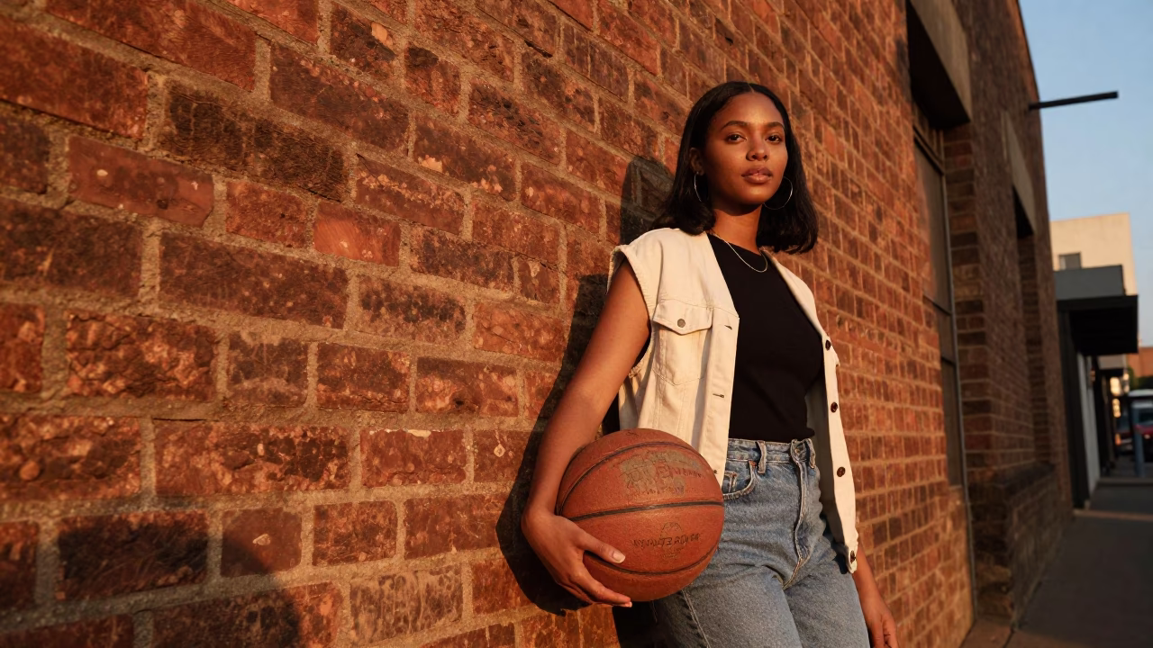 Johannesburg South Africa Dusk Street Fashion Portrait with Vintage Basketball and Urban Architecture in in Johannesburg, South Africa
