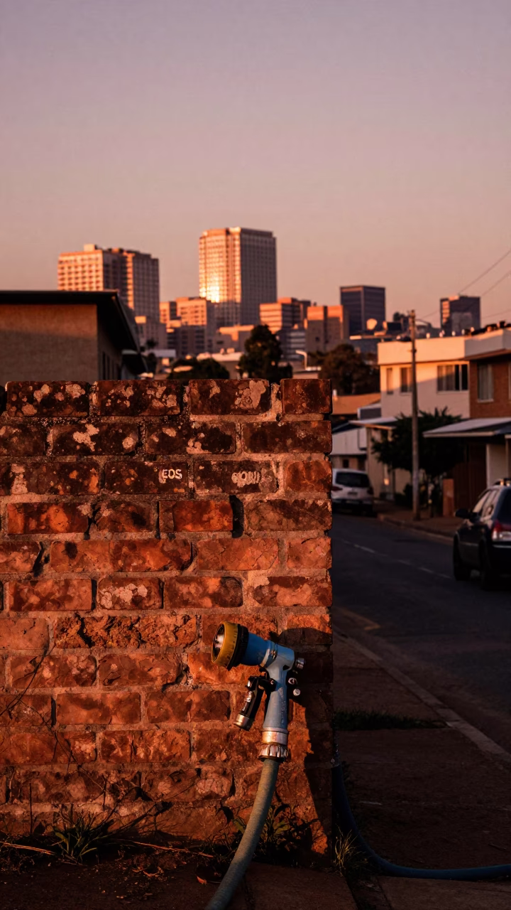 Johannesburg South Africa Dusk Street Scene with Twine and Hose Nozzle on Brick Wall in in Johannesburg, South Africa