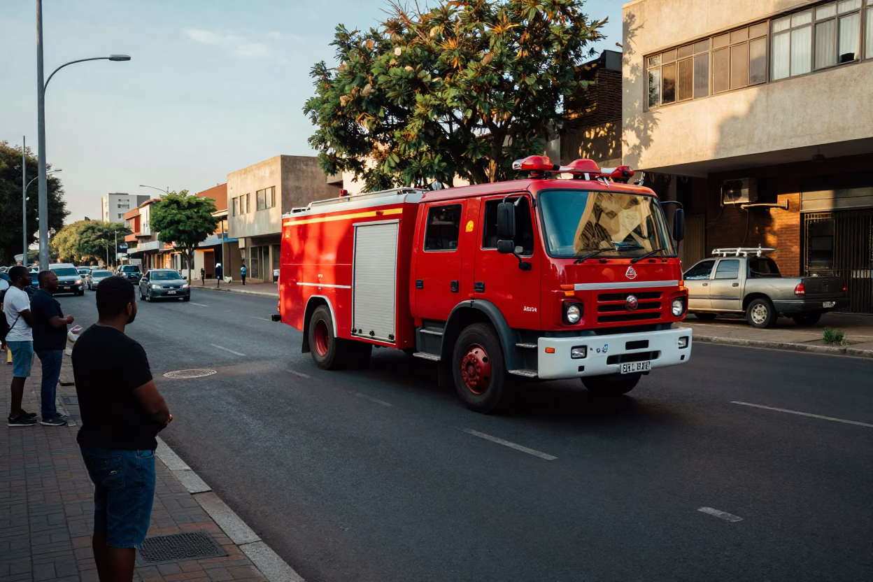 Johannesburg South Africa Early Afternoon Street Scene with Vintage Fire Engine and Urban Architecture in in Johannesburg, South Africa