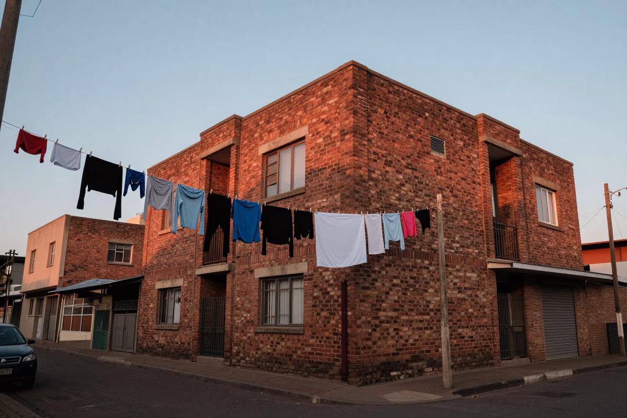 Johannesburg South Africa Early Evening Street Scene with Laundry Hanging on Wire in in Johannesburg, South Africa