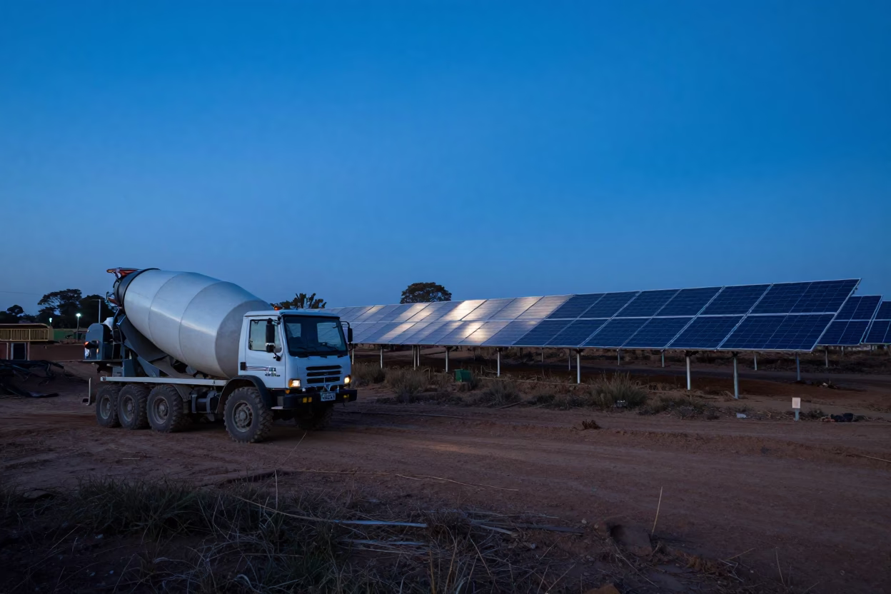 Johannesburg South Africa Evening Construction Site Solar Array Cement Mixer in in Johannesburg, South Africa