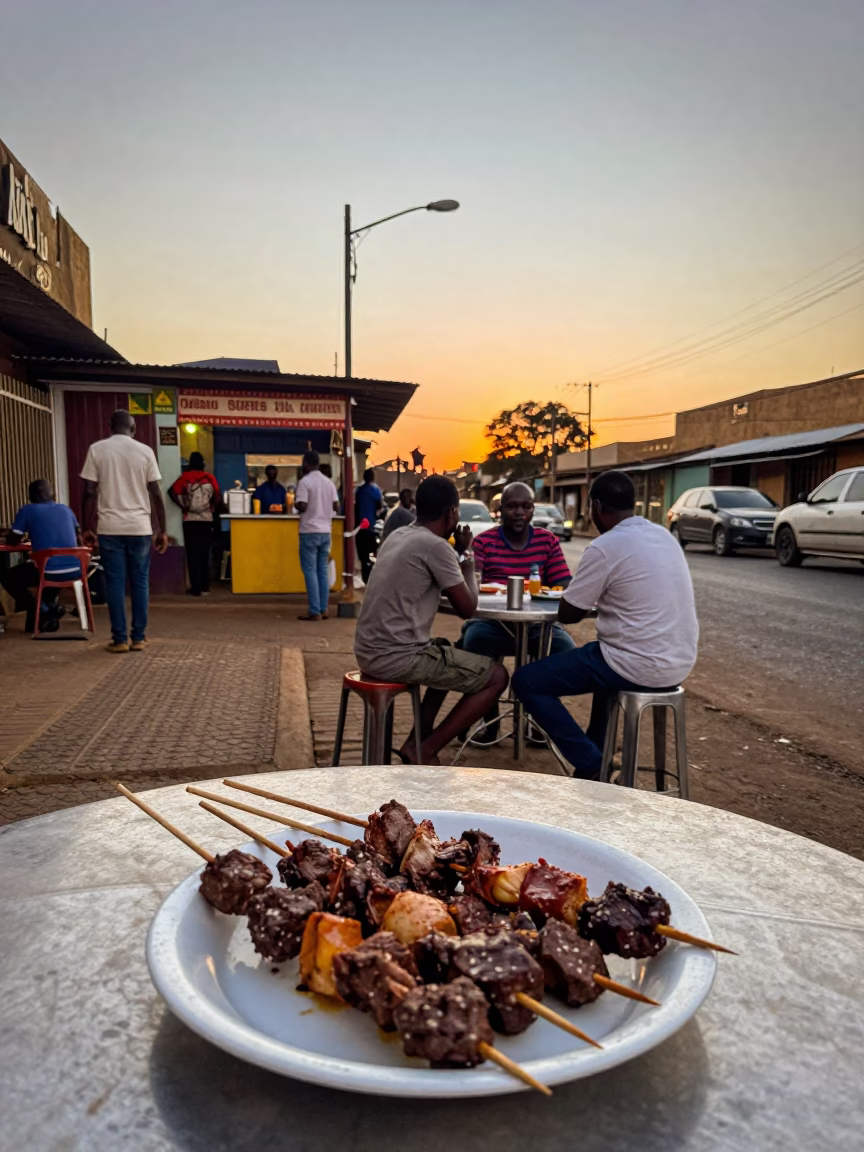 Johannesburg South Africa Evening Street Scene with Anticuchos Skewers and Local Dining in in Johannesburg, South Africa
