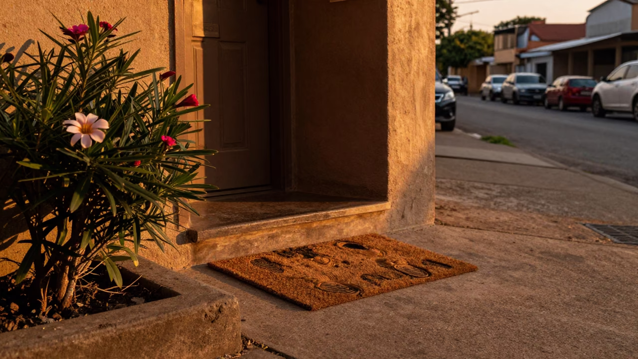 Johannesburg South Africa Evening Street Scene with Flowering Plant and Doormat in in Johannesburg, South Africa