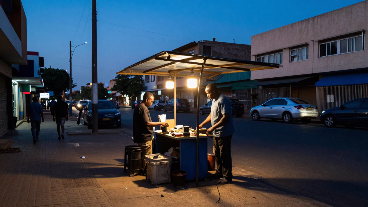 Johannesburg South Africa evening street scene with light pooling on workbench edge in in Johannesburg, South Africa