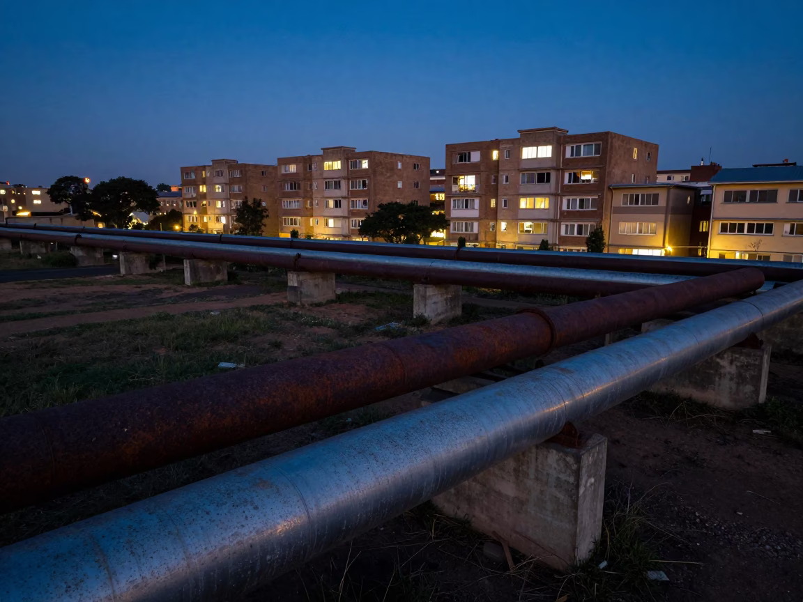 Johannesburg South Africa evening twilight industrial district heating pipes between concrete apartment blocks in in Johannesburg, South Africa