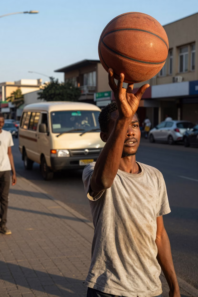 Johannesburg South Africa late afternoon street scene with leather basketball and casual urban activity in in Johannesburg, South Africa