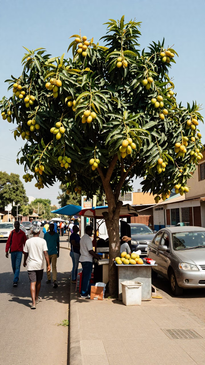 Johannesburg South Africa midday street scene with mango tree and local vendor in in Johannesburg, South Africa