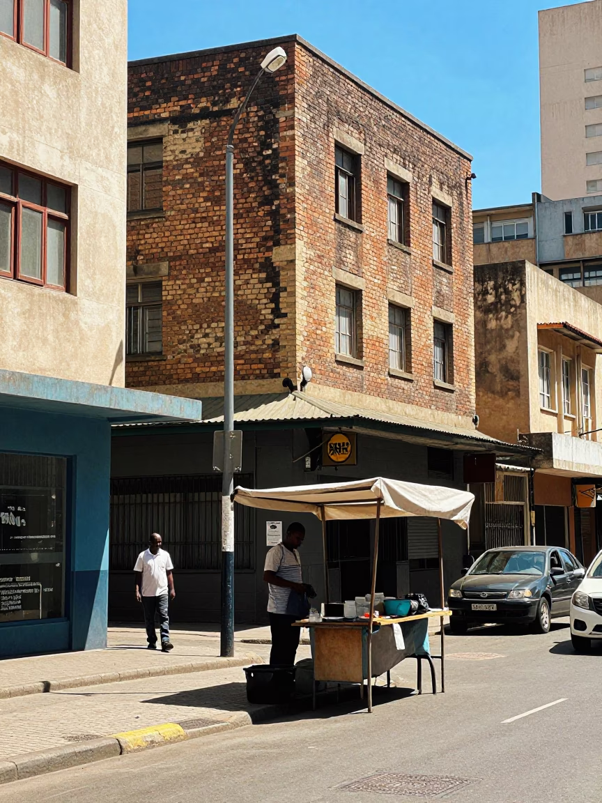 Johannesburg South Africa midday street scene with urban architecture and local commerce in in Johannesburg, South Africa