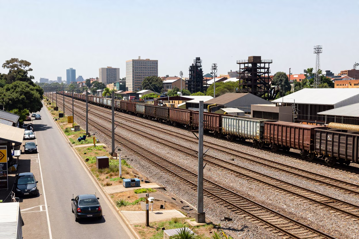 Johannesburg South Africa Noon Light Freight Rail Yard and Street Scene in in Johannesburg, South Africa