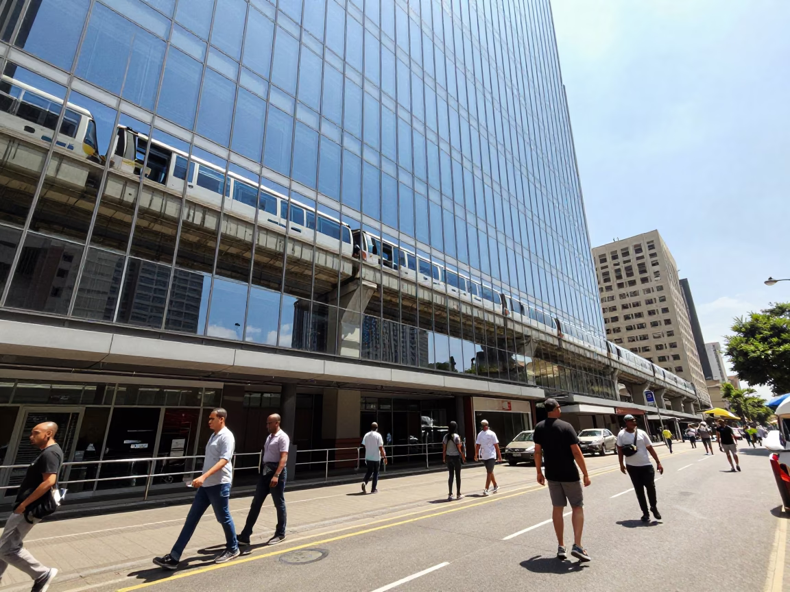 Johannesburg South Africa Noon Street Scene with Monorail Reflection in Glass Skyscraper in in Johannesburg, South Africa