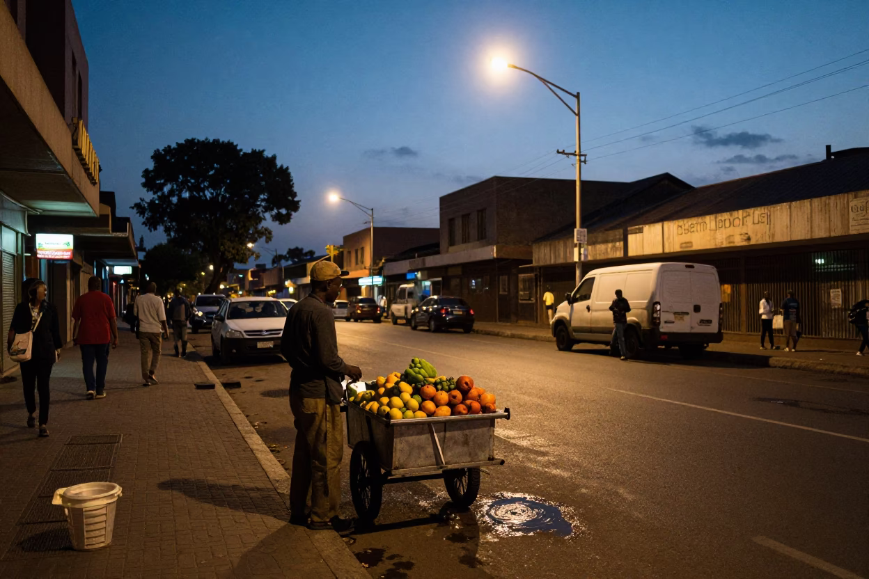 Johannesburg South Africa Predawn Street Scene with Fruit Vendor and Water Tower in in Johannesburg, South Africa
