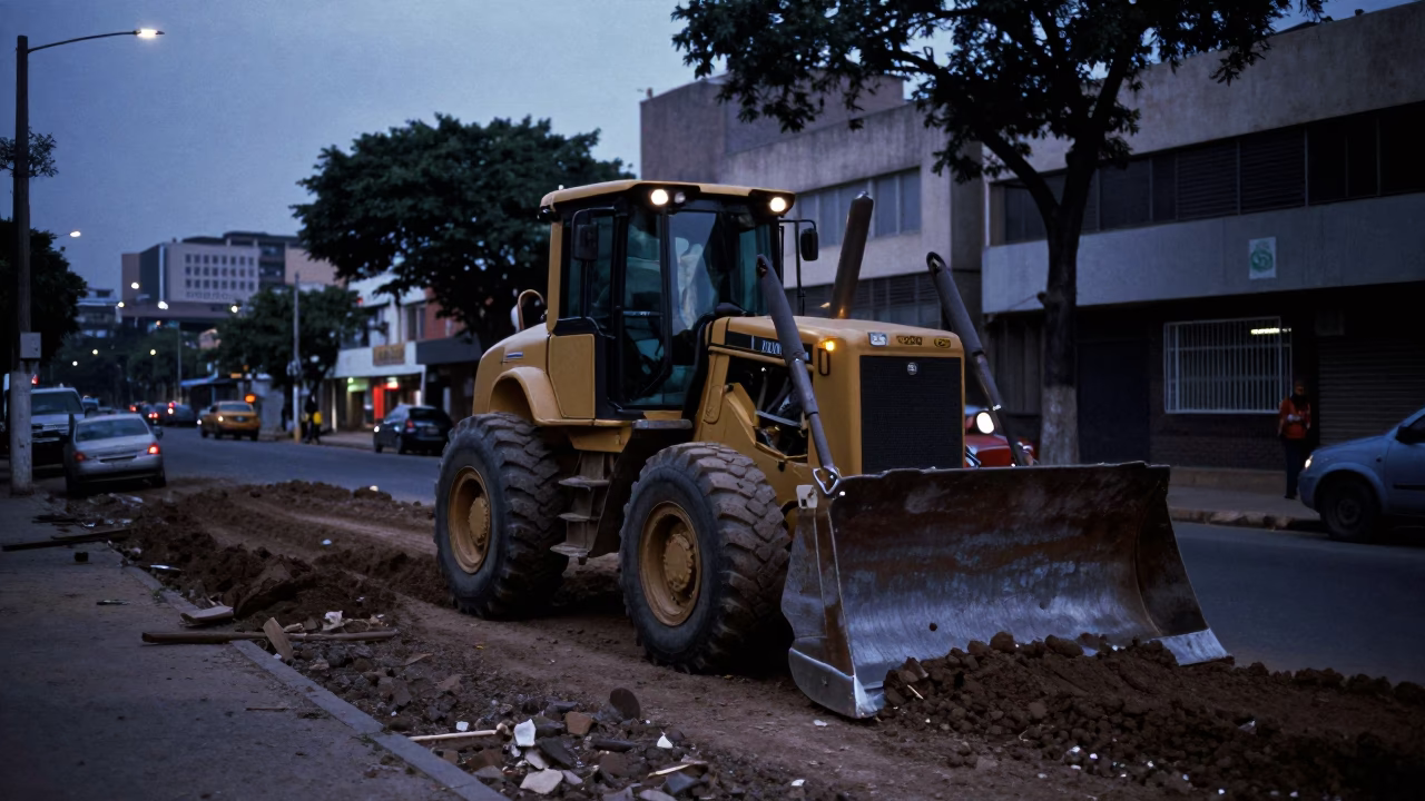 Johannesburg South Africa Predawn Street Scene With Vintage Bulldozer And Urban Construction in in Johannesburg, South Africa