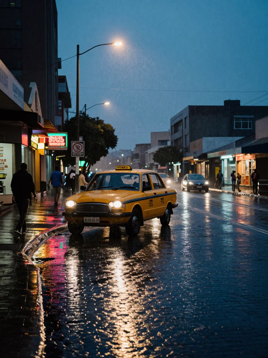 Johannesburg South Africa Predawn Yellow Taxi Rain Street Scene 1980s in in Johannesburg, South Africa
