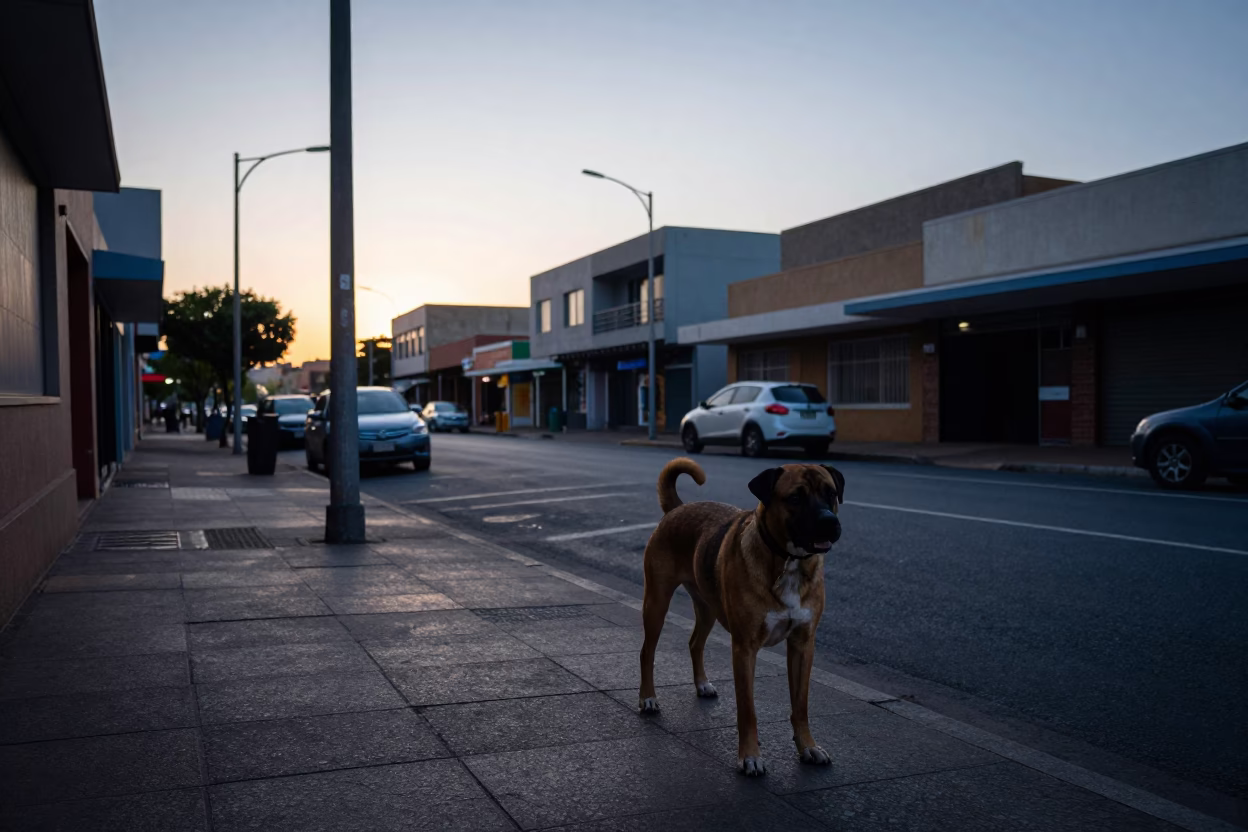Johannesburg South Africa Street Scene Before Sunrise with Boerboel Dog in in Johannesburg, South Africa