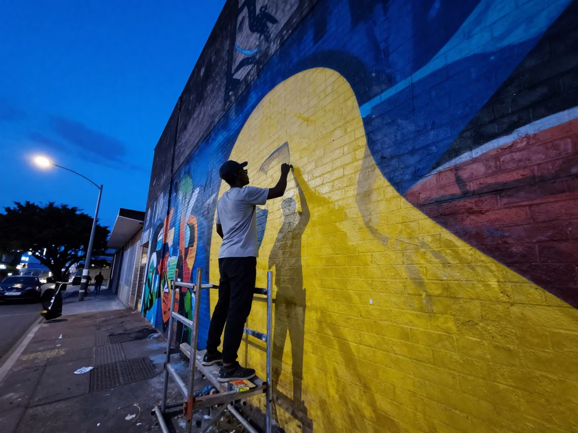 Johannesburg Street Art Mural Painting in Evening Blue Light with Local Interaction in in Johannesburg, South Africa