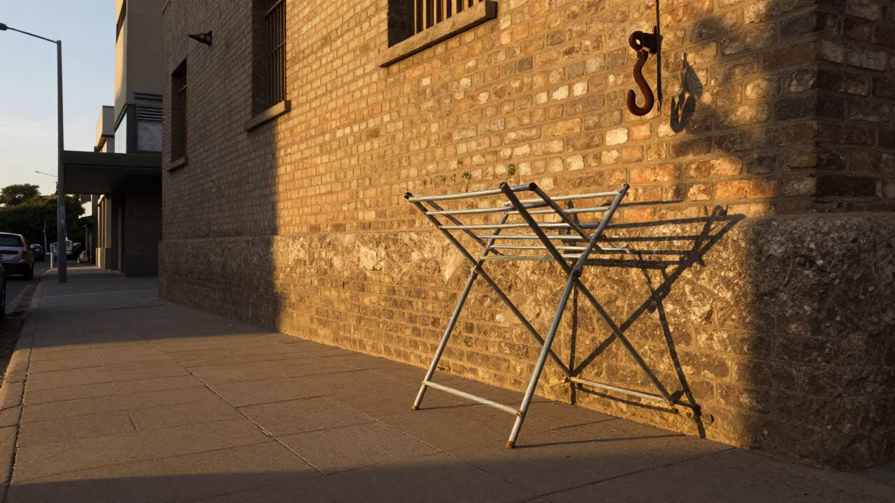 Johannesburg street corner at sunset with drying rack and iron hook in in Johannesburg, South Africa