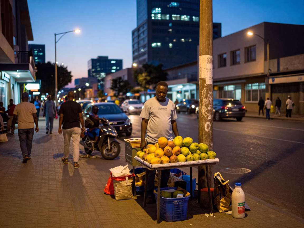 Johannesburg Street Corner Evening Scene with Local Vendors and City Lights in in Johannesburg, South Africa