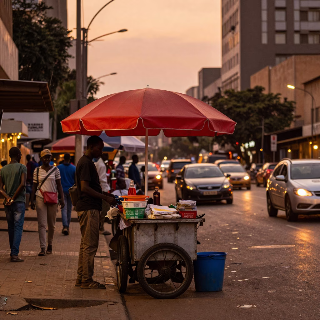 Johannesburg street corner in copper-toned dusk light with vendors and umbrellas in in Johannesburg, South Africa