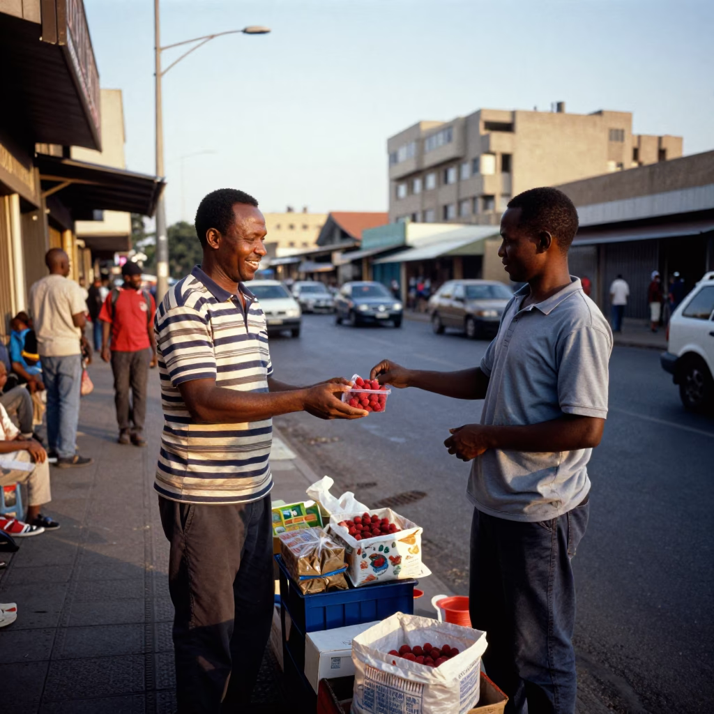 Johannesburg street corner late afternoon candid moment with local vendors and pedestrians in in Johannesburg, South Africa
