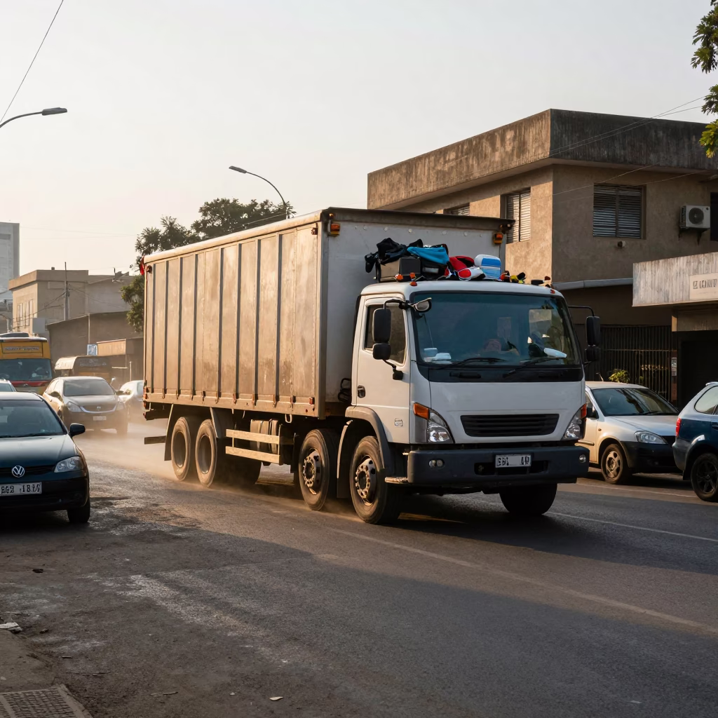 Johannesburg Street Corner Morning Light with Overloaded Truck and Local Vendor in in Johannesburg, South Africa