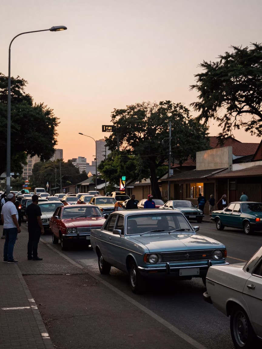 Johannesburg street corner pre-dawn with vintage car rally participants and dust on tabletop in in Johannesburg, South Africa