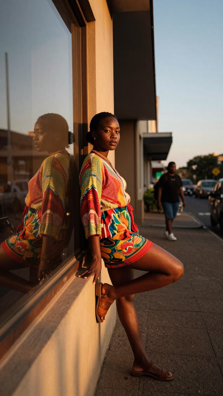 Johannesburg Street Fashion Evening Light with Window Reflection and Lampshade Detail in in Johannesburg, South Africa