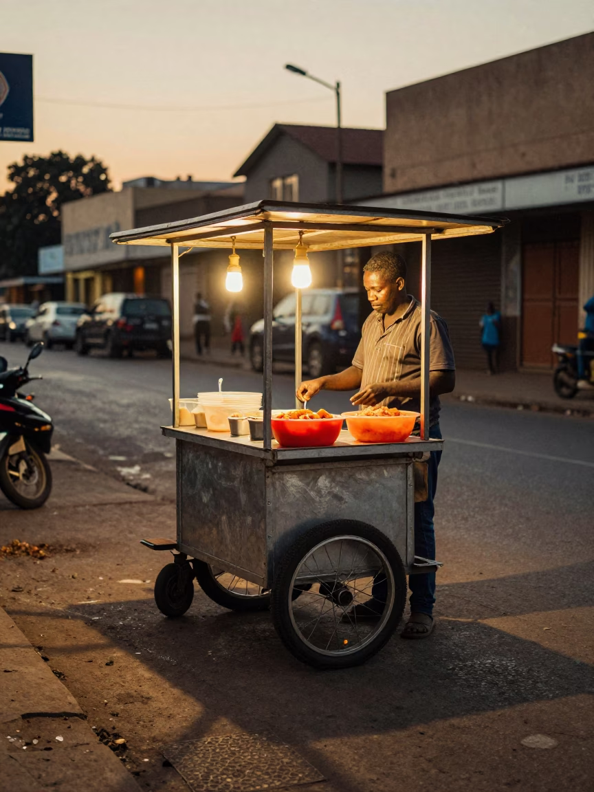 Johannesburg Street Food Stall Evening Light with Bowl of Fasolia Bean Stew and Bread in in Johannesburg, South Africa