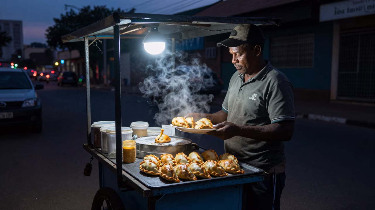 Johannesburg Street Food Vendor Selling Empanadas in Predawn Darkness in in Johannesburg, South Africa