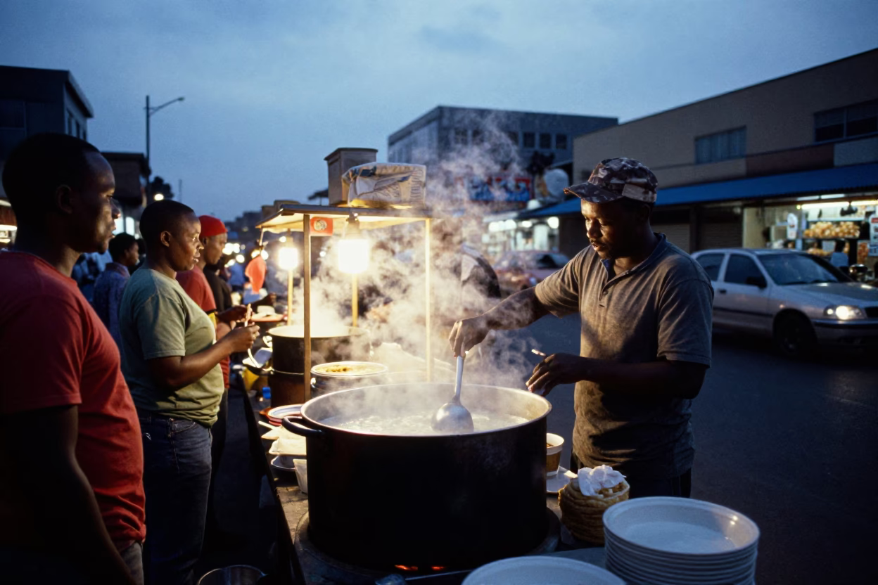 Johannesburg street food vendor serving hot congee at blue hour in in Johannesburg, South Africa