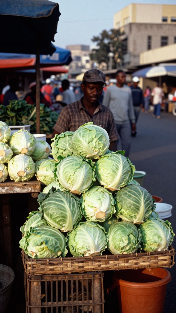 Johannesburg Street Market Vendor Displaying Fresh Cabbages and Potted Succulents in Late Afternoon Sunlight in in Johannesburg, South Africa