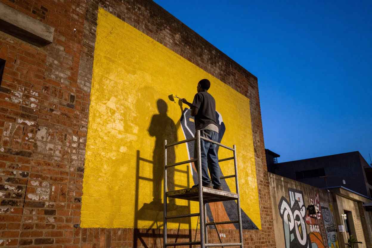 Johannesburg street mural painting at blue hour after sunset in South Africa in in Johannesburg, South Africa