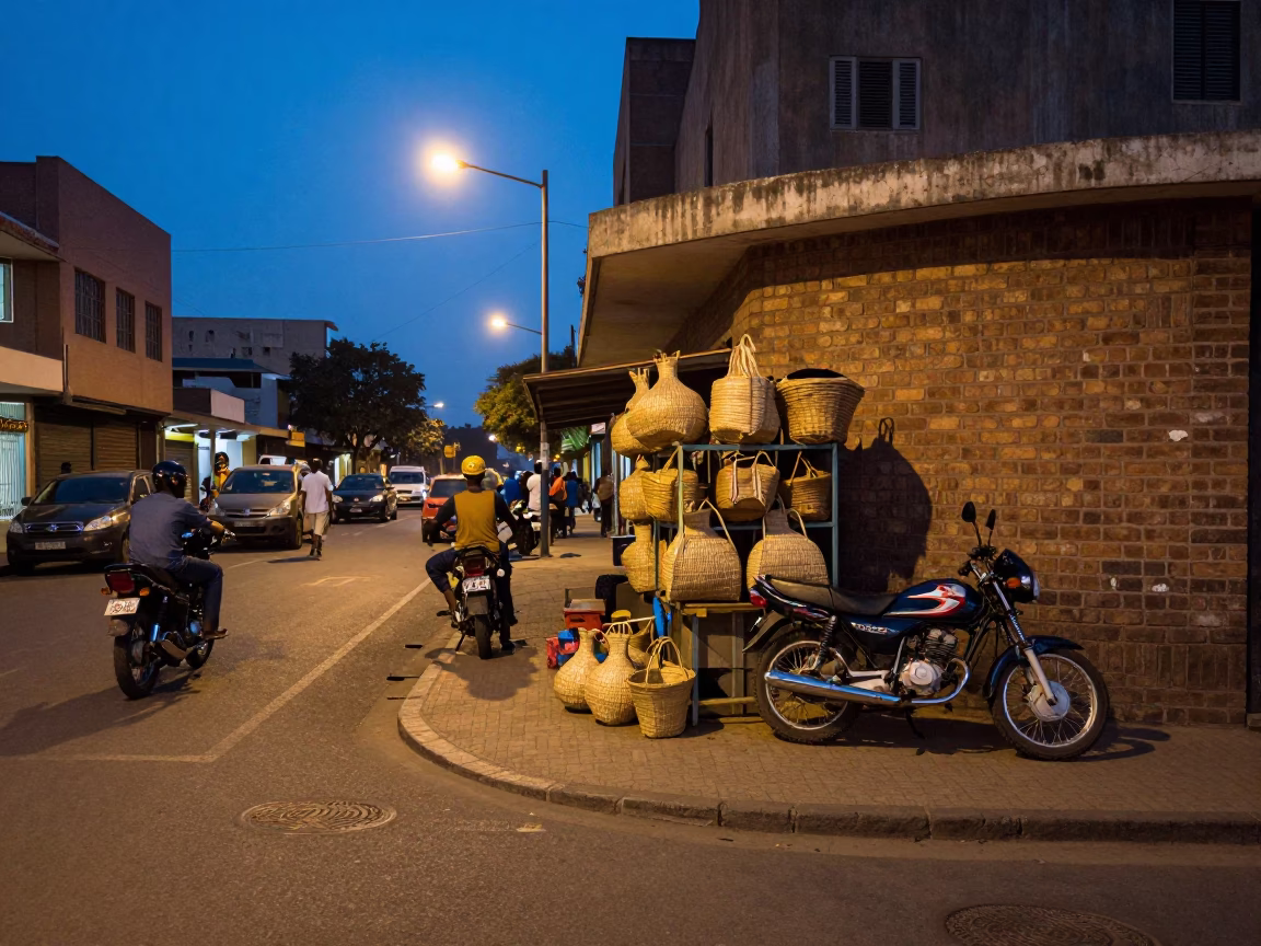 Johannesburg street scene at blue hour with motorcycle and woven baskets in in Johannesburg, South Africa